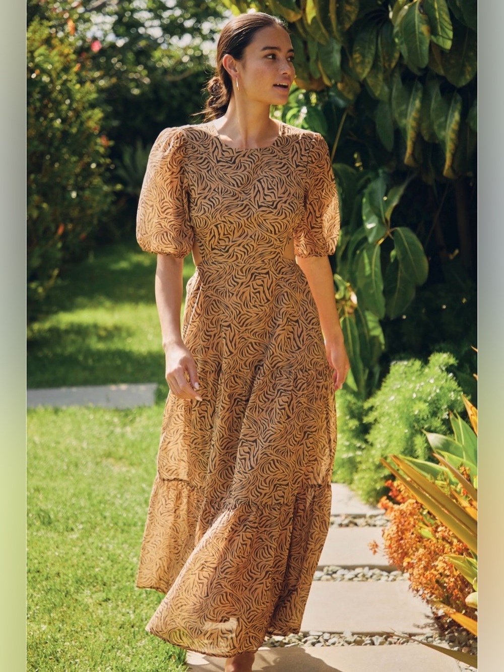 Charlie Holiday Tan Printed Puff-Sleeve Maxi Dress